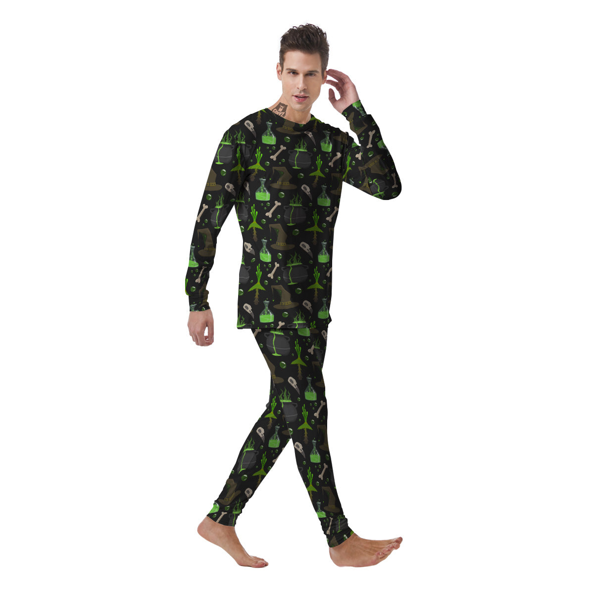 Halloween Green Poison Witch Print Pattern Men's Pajamas-grizzshop