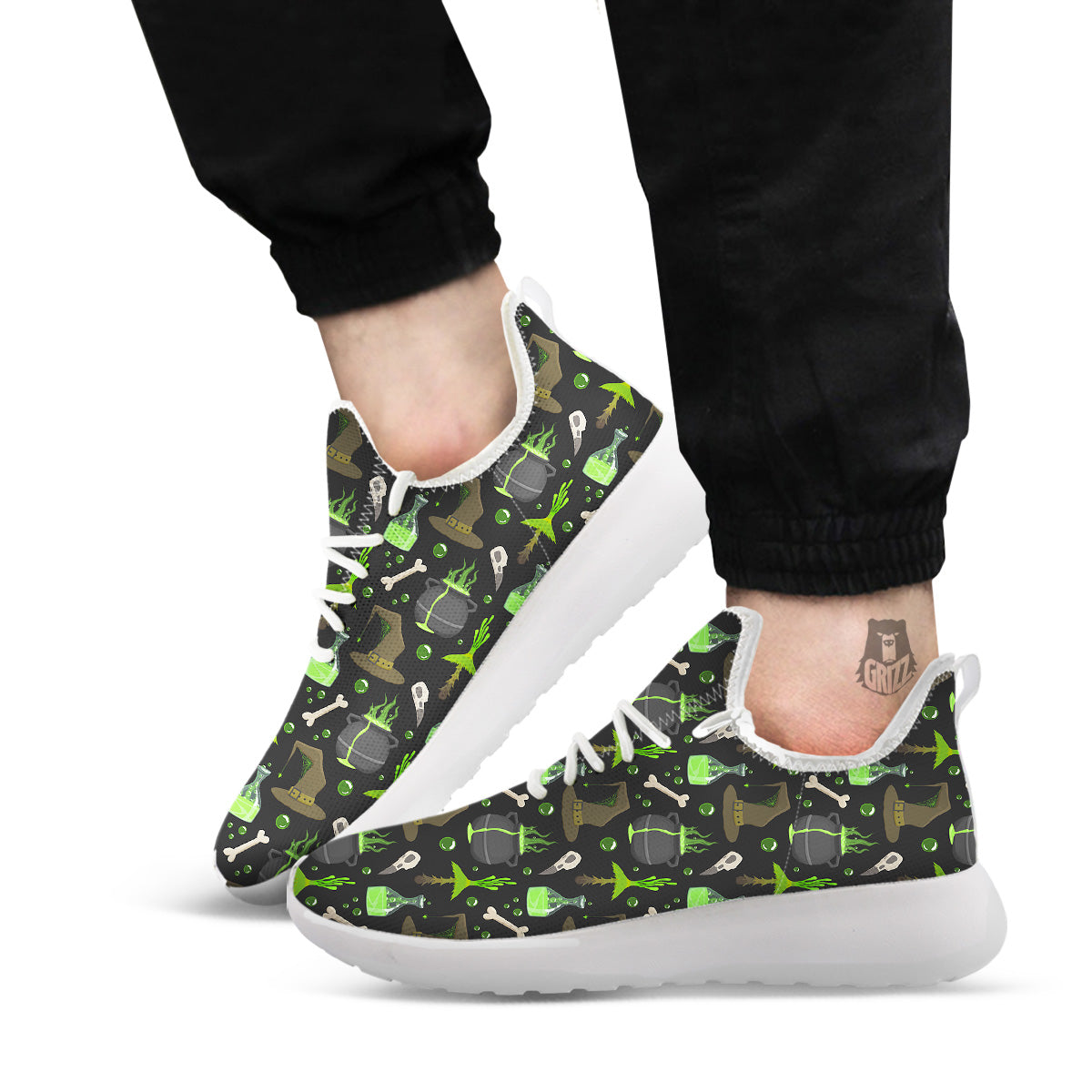Halloween Green Poison Witch Print Pattern White Athletic Shoes-grizzshop