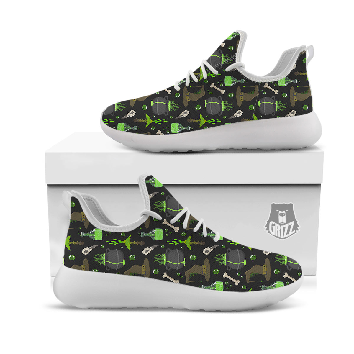 Halloween Green Poison Witch Print Pattern White Athletic Shoes-grizzshop