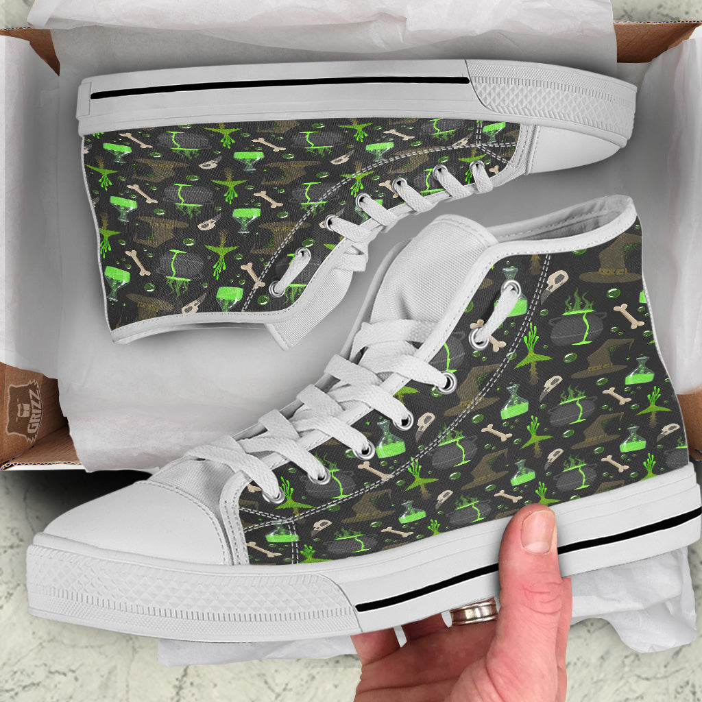 Halloween Green Poison Witch Print Pattern White High Top Shoes-grizzshop