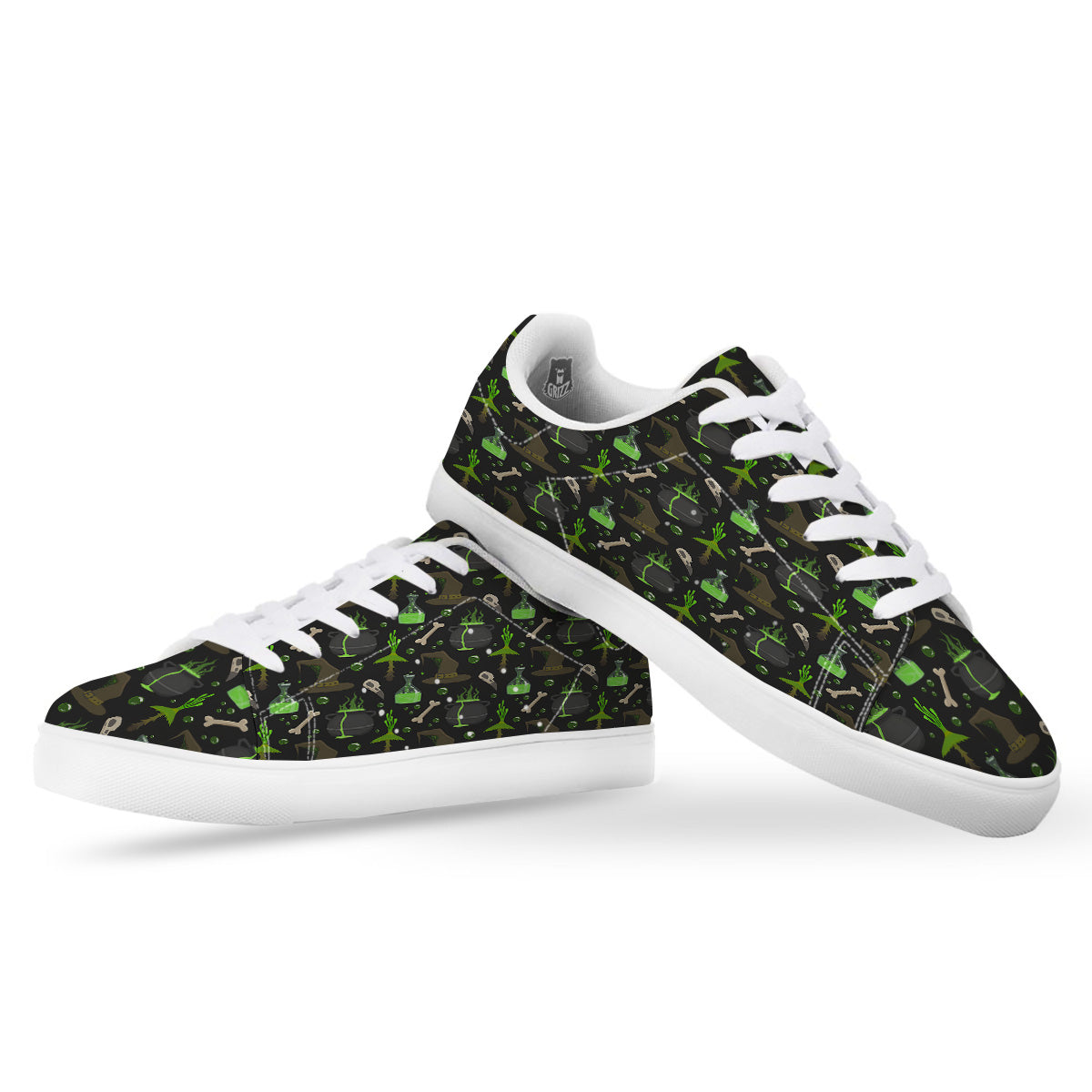 Halloween Green Poison Witch Print Pattern White Low Top Sneakers-grizzshop