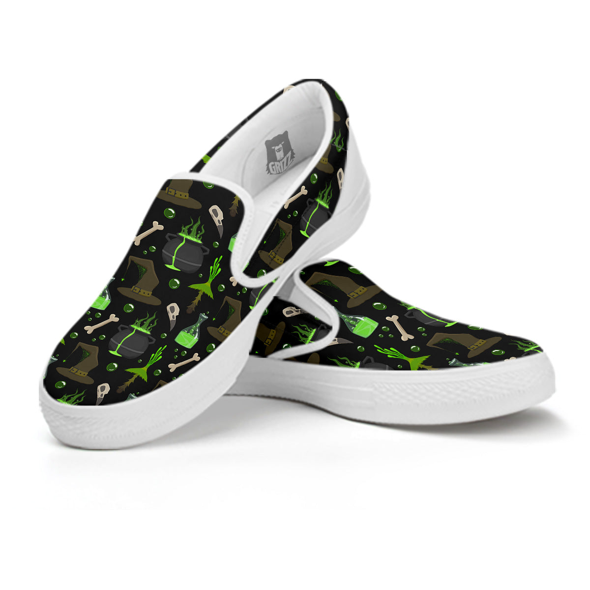 Halloween Green Poison Witch Print Pattern White Slip On Shoes-grizzshop
