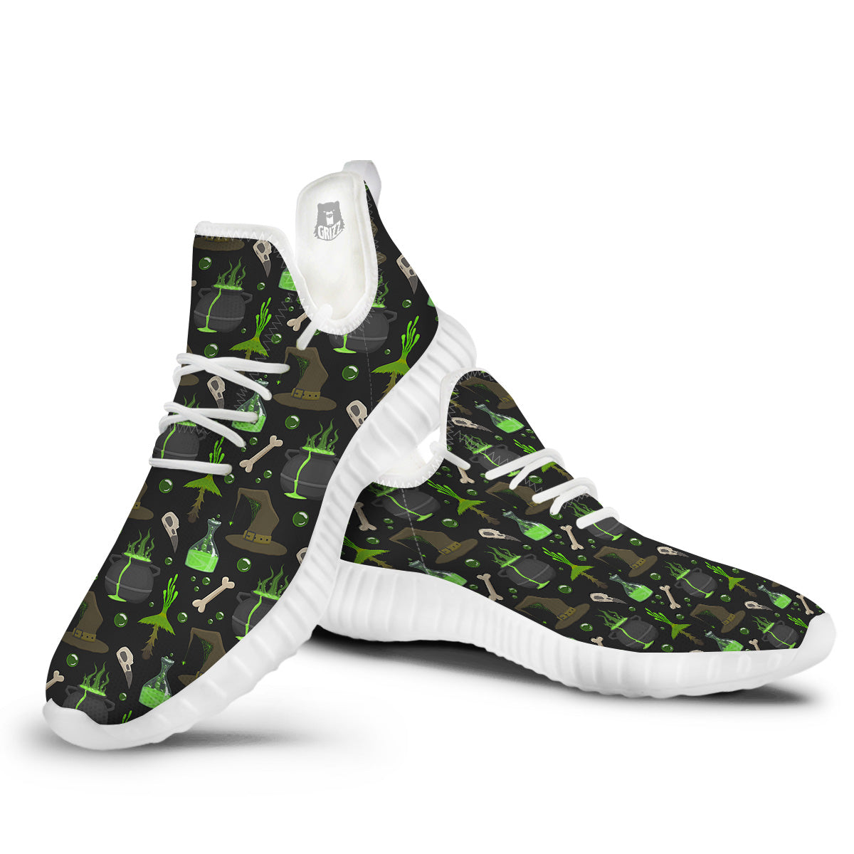 Halloween Green Poison Witch Print Pattern White Walking Shoes-grizzshop