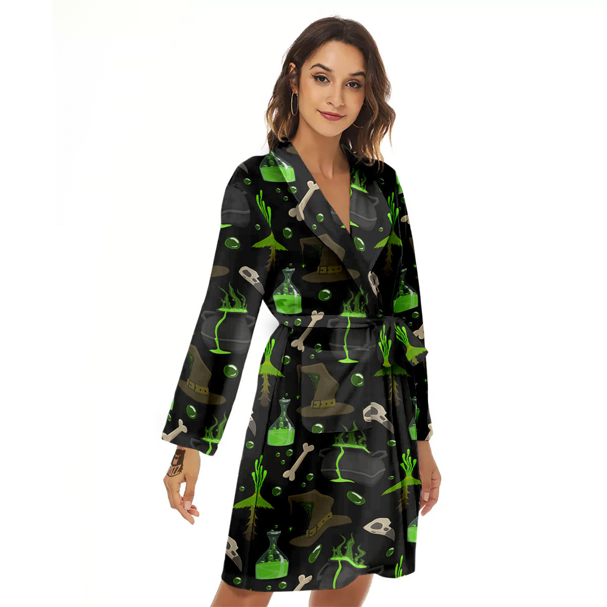 Halloween Green Poison Witch Print Pattern Women's Robe-grizzshop