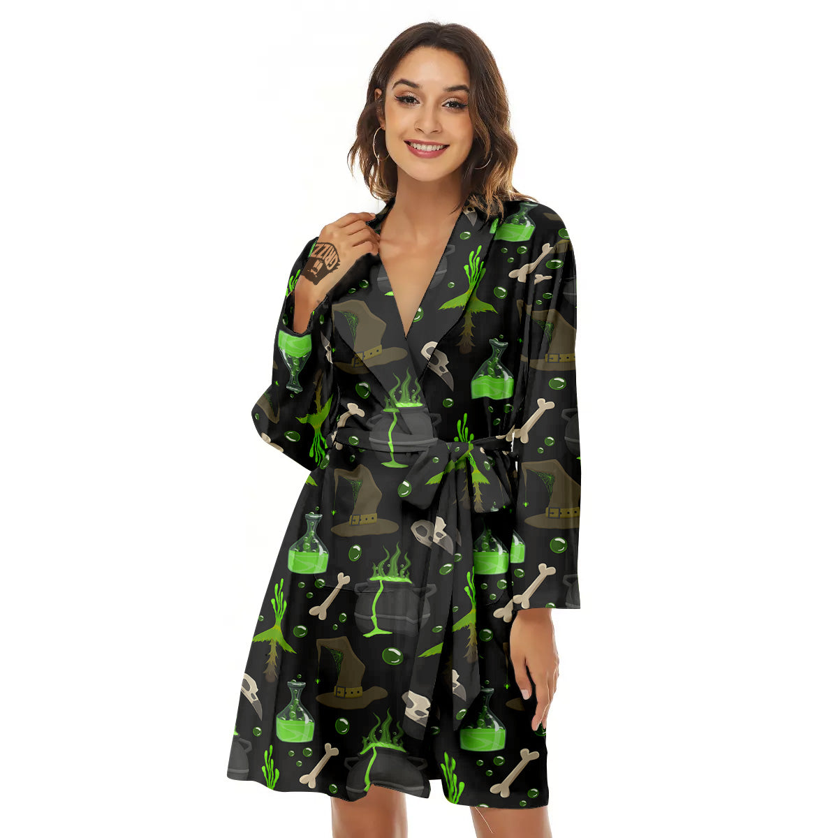 Halloween Green Poison Witch Print Pattern Women's Robe-grizzshop