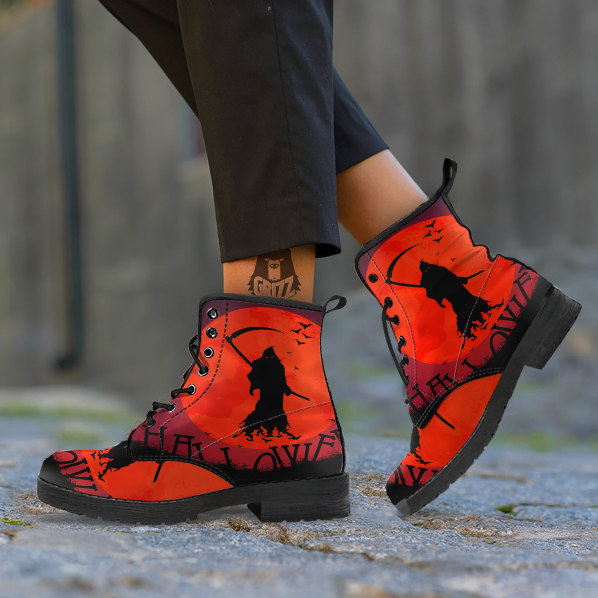 Halloween Grim Reaper Print Leather Boots-grizzshop
