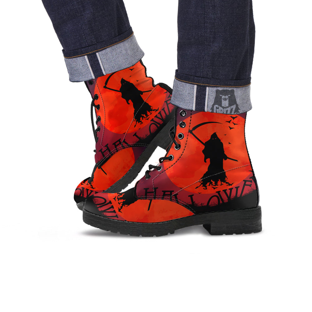 Halloween Grim Reaper Print Leather Boots-grizzshop