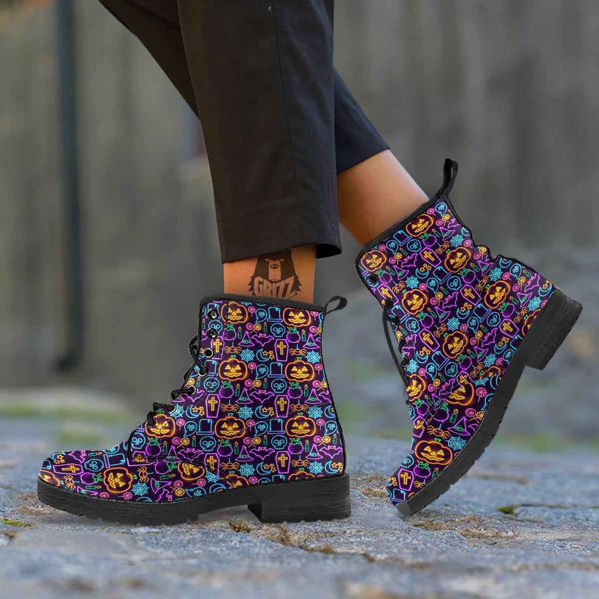Halloween Neon Cute Print Pattern Leather Boots-grizzshop