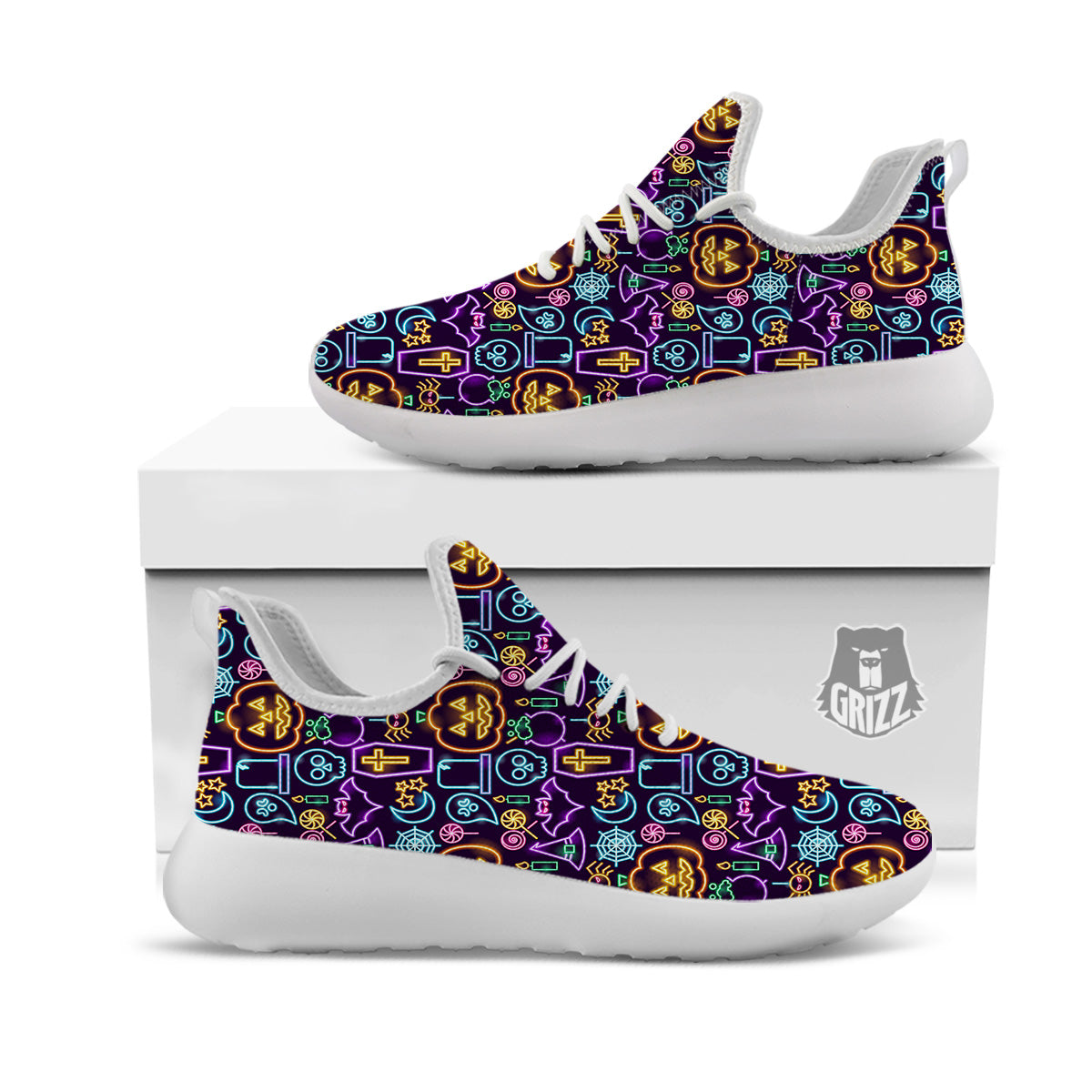 Halloween Neon Cute Print Pattern White Athletic Shoes-grizzshop