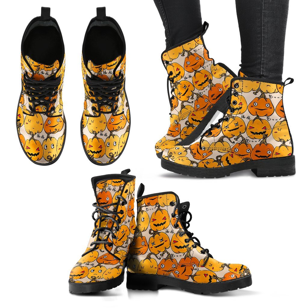 Halloween Pumpkin Pattern Print Men Women Leather Boots-grizzshop