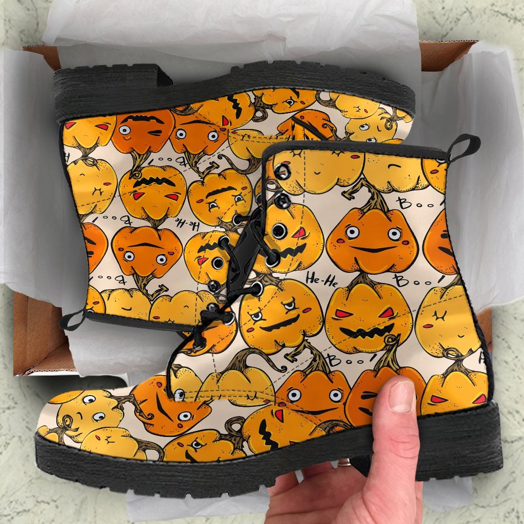 Halloween Pumpkin Pattern Print Men Women Leather Boots-grizzshop