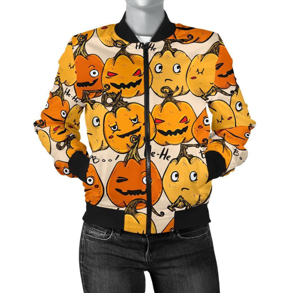 Halloween Pumpkin Pattern Print Women Casual Bomber Jacket-grizzshop