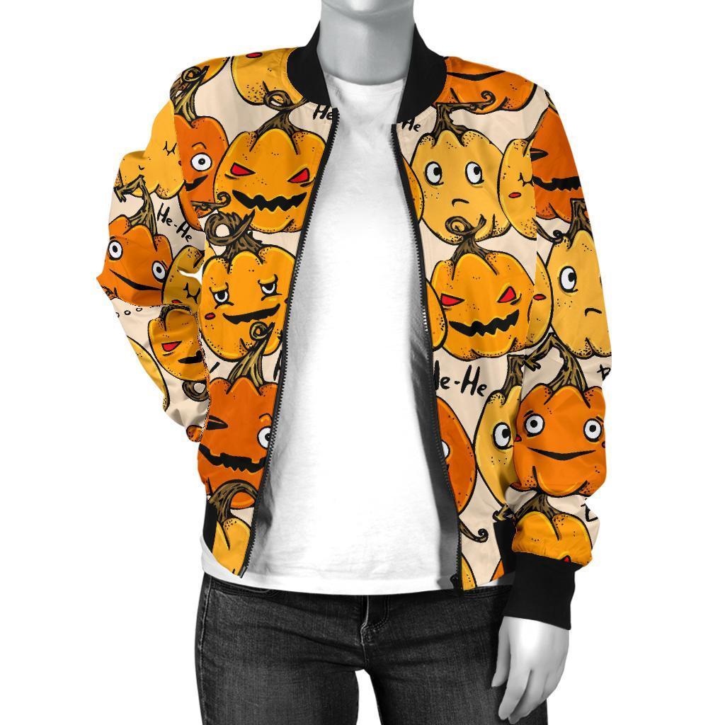 Halloween Pumpkin Pattern Print Women Casual Bomber Jacket-grizzshop