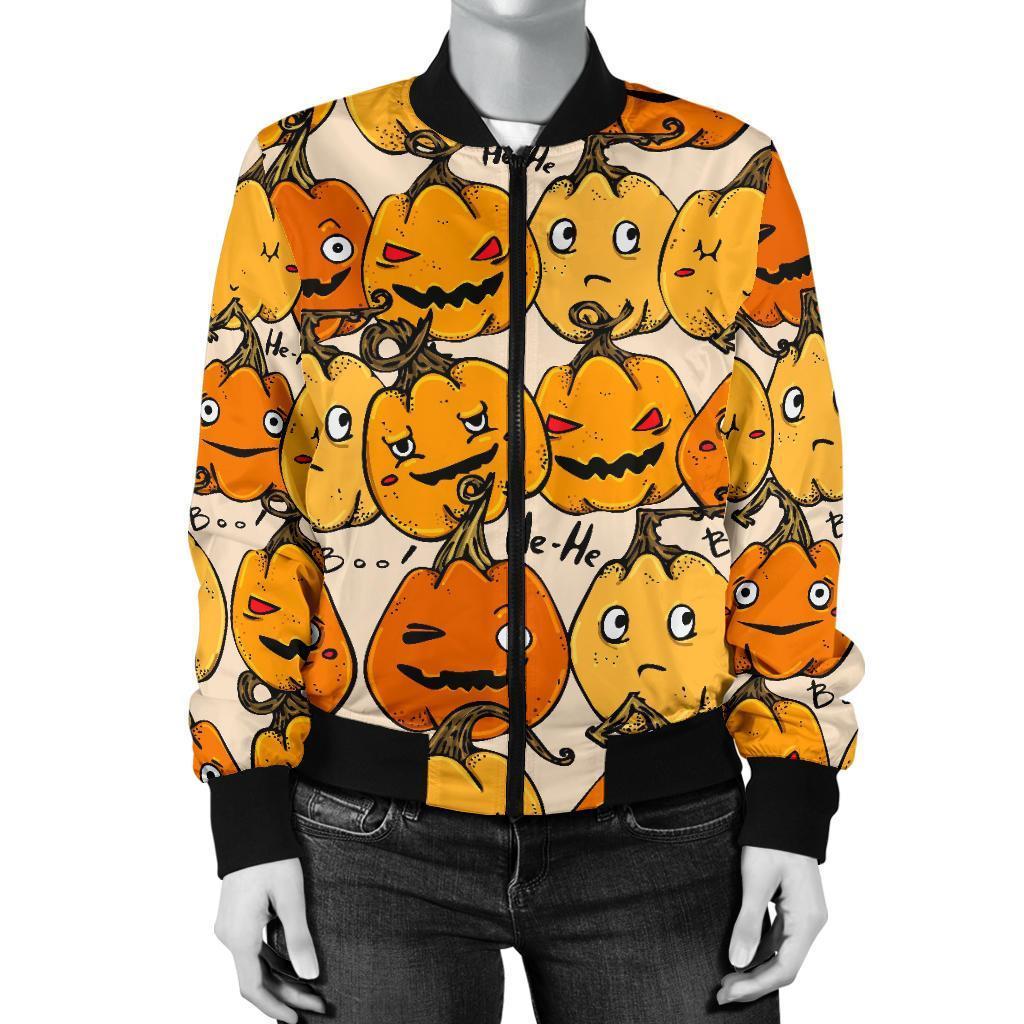 Halloween Pumpkin Pattern Print Women Casual Bomber Jacket-grizzshop