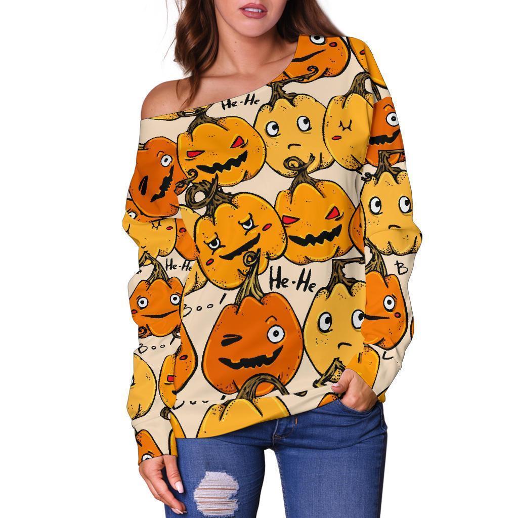 Halloween Pumpkin Pattern Print Women Off Shoulder Sweatshirt-grizzshop