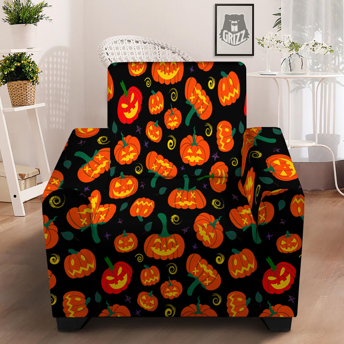 Halloween Pumpkin Print Pattern Armchair Slipcover-grizzshop