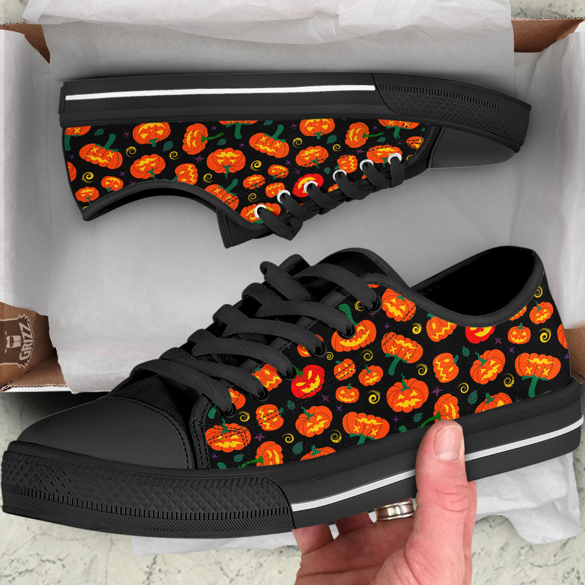 Halloween Pumpkin Print Pattern Black Low Top Shoes-grizzshop