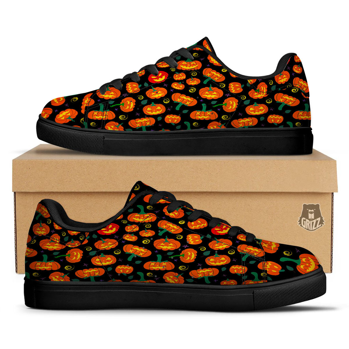 Halloween Pumpkin Print Pattern Black Low Top Sneakers-grizzshop