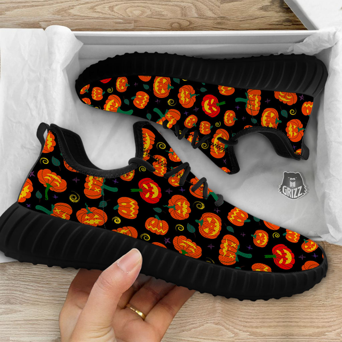 Halloween Pumpkin Print Pattern Black Walking Shoes-grizzshop