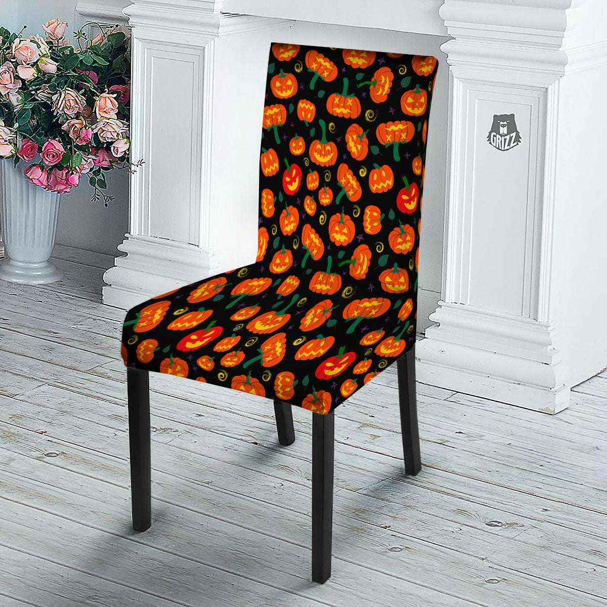 Halloween Pumpkin Print Pattern Dining Chair Slipcover-grizzshop