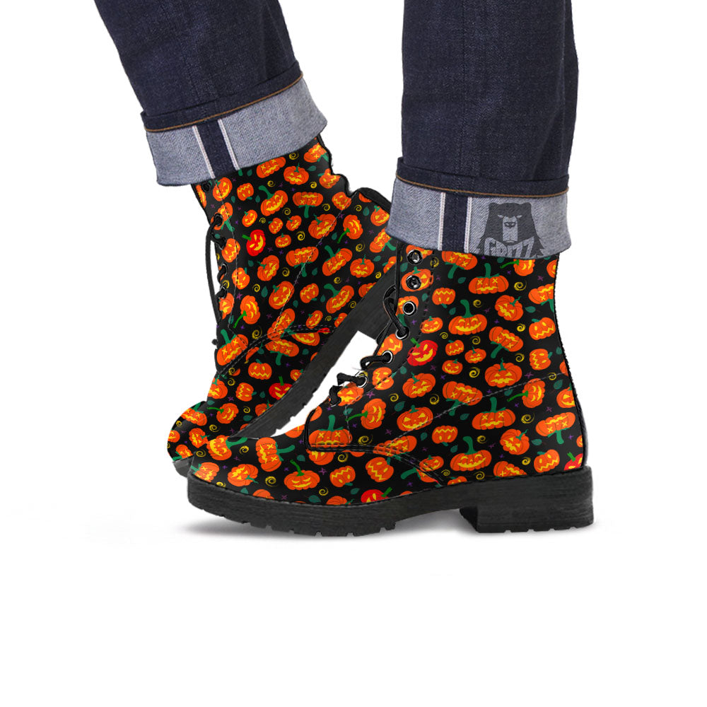 Halloween Pumpkin Print Pattern Leather Boots-grizzshop