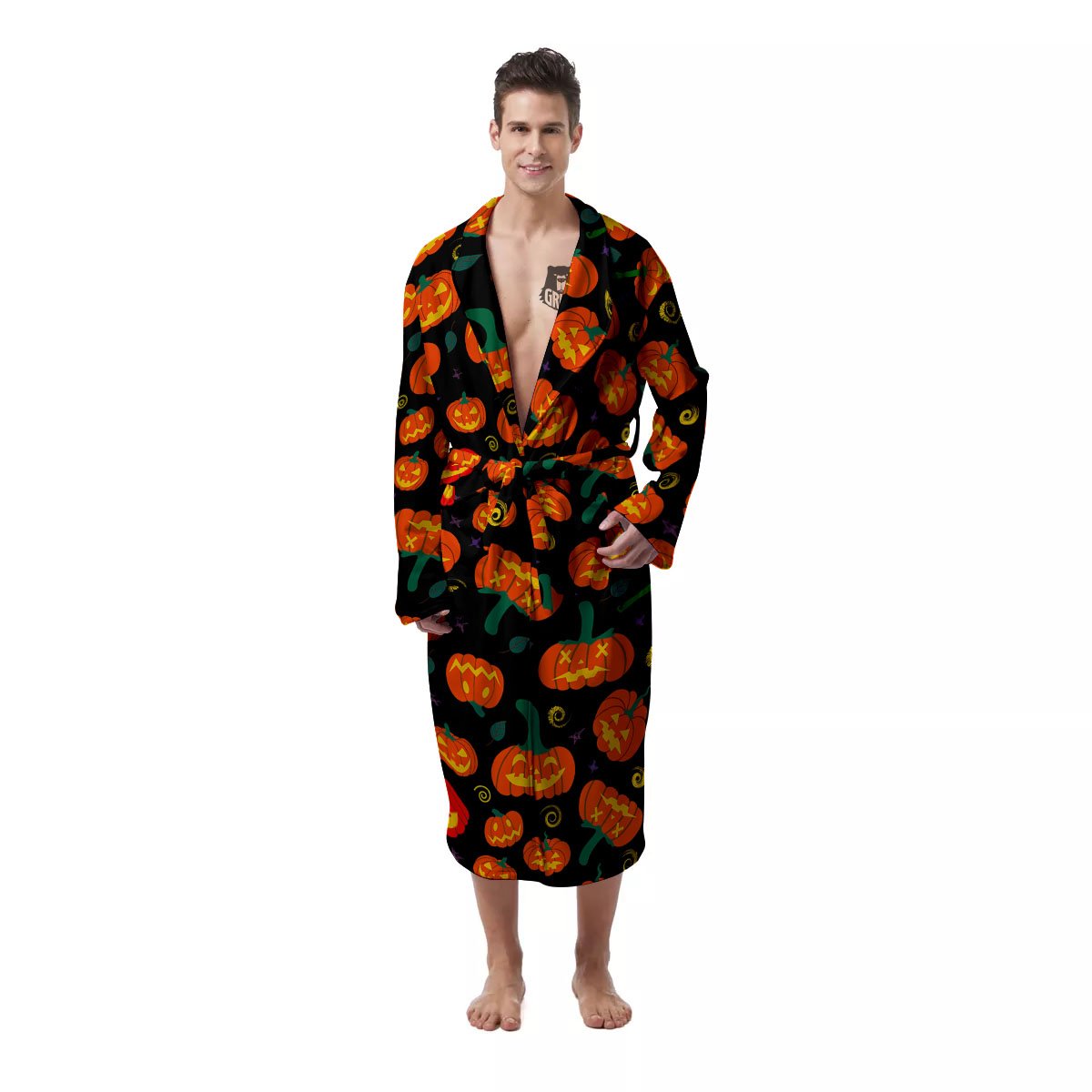 Halloween Pumpkin Print Pattern Men's Robe-grizzshop