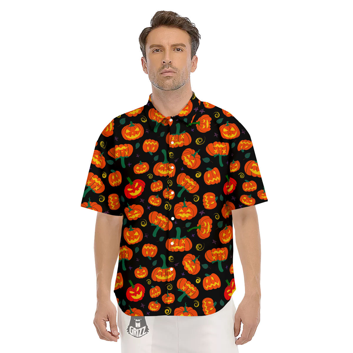 Halloween Pumpkin Print Pattern Men's Short Sleeve Shirts-grizzshop