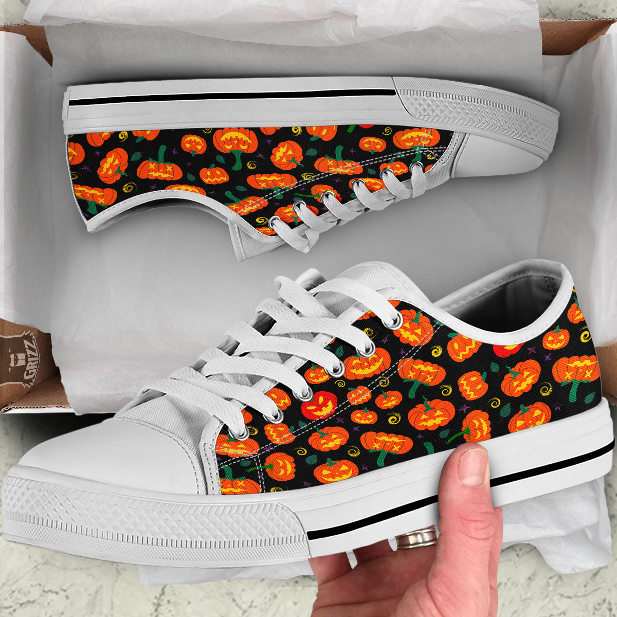 Halloween Pumpkin Print Pattern White Low Top Shoes-grizzshop