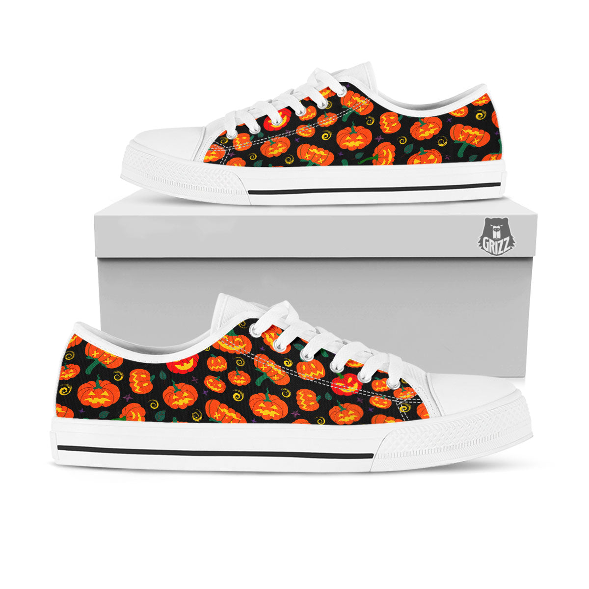 Halloween Pumpkin Print Pattern White Low Top Shoes-grizzshop