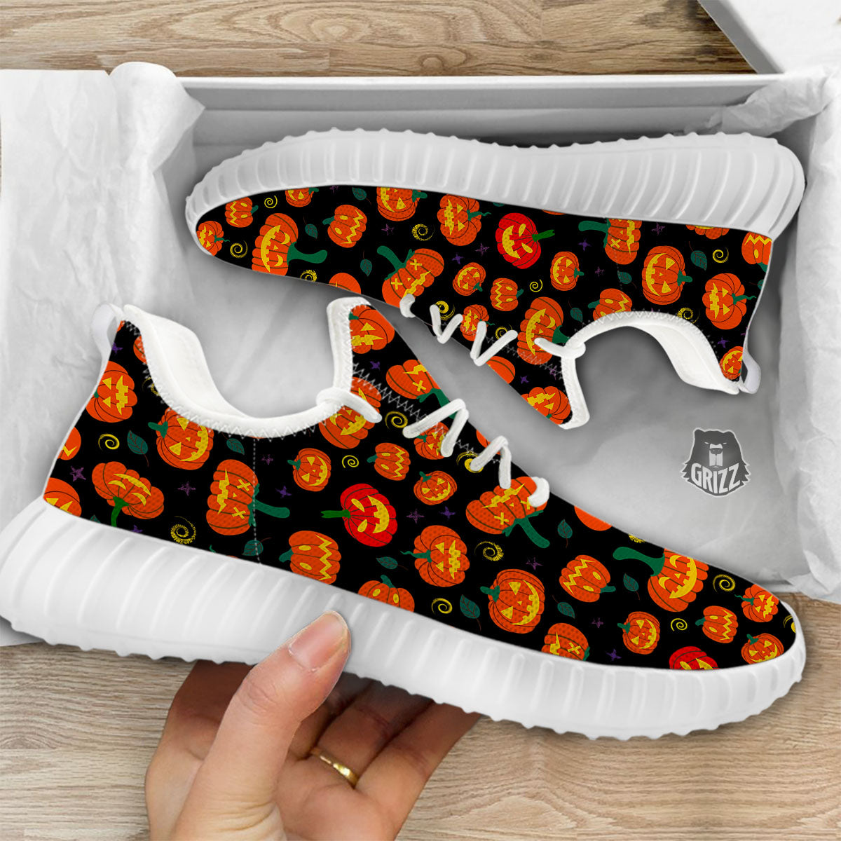 Halloween Pumpkin Print Pattern White Walking Shoes-grizzshop