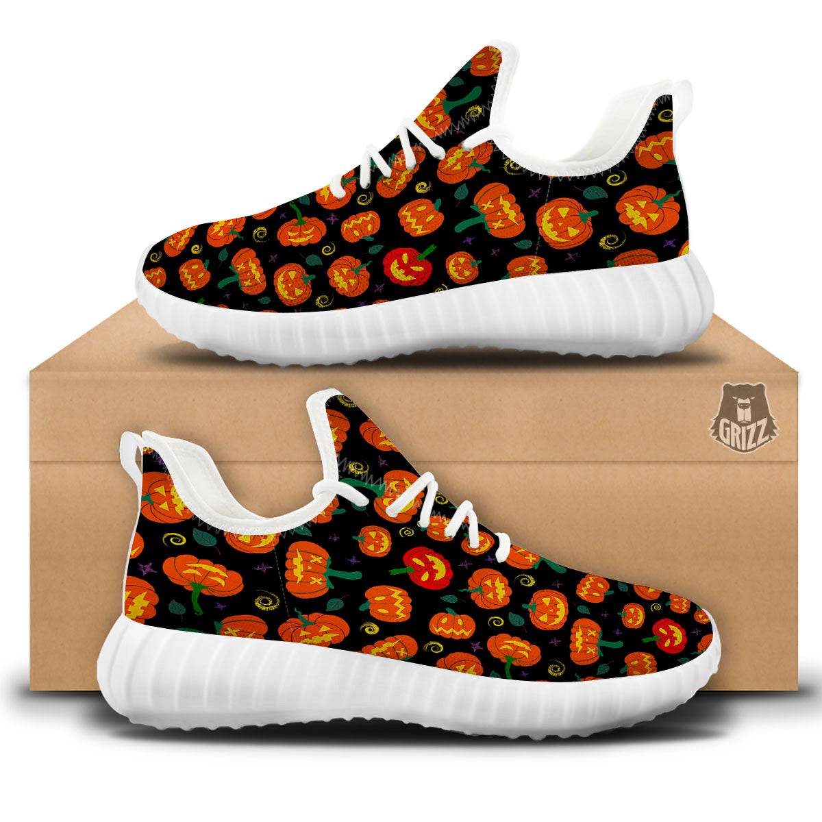 Halloween Pumpkin Print Pattern White Walking Shoes-grizzshop