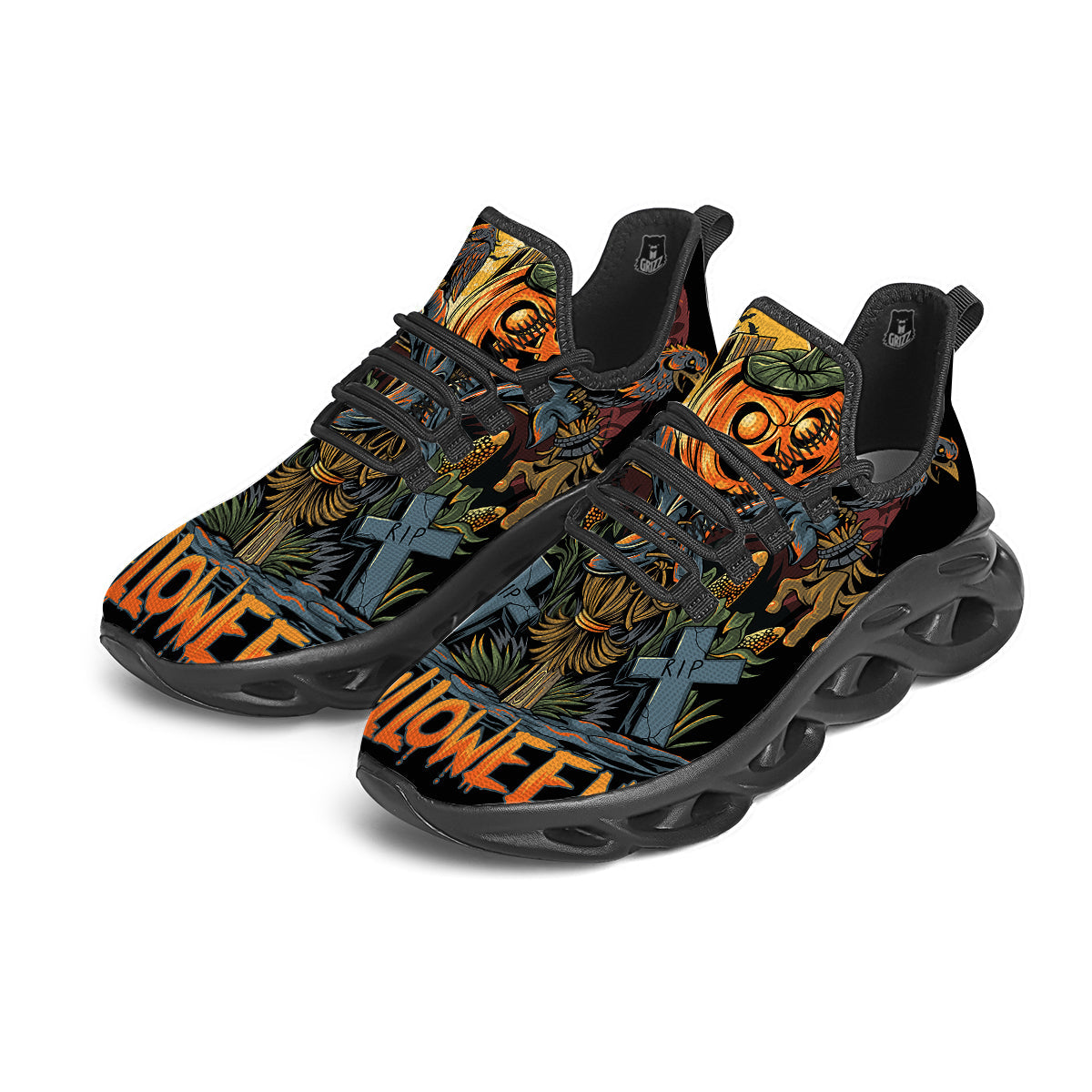 Halloween Scarecrow Print Black Running Shoes-grizzshop