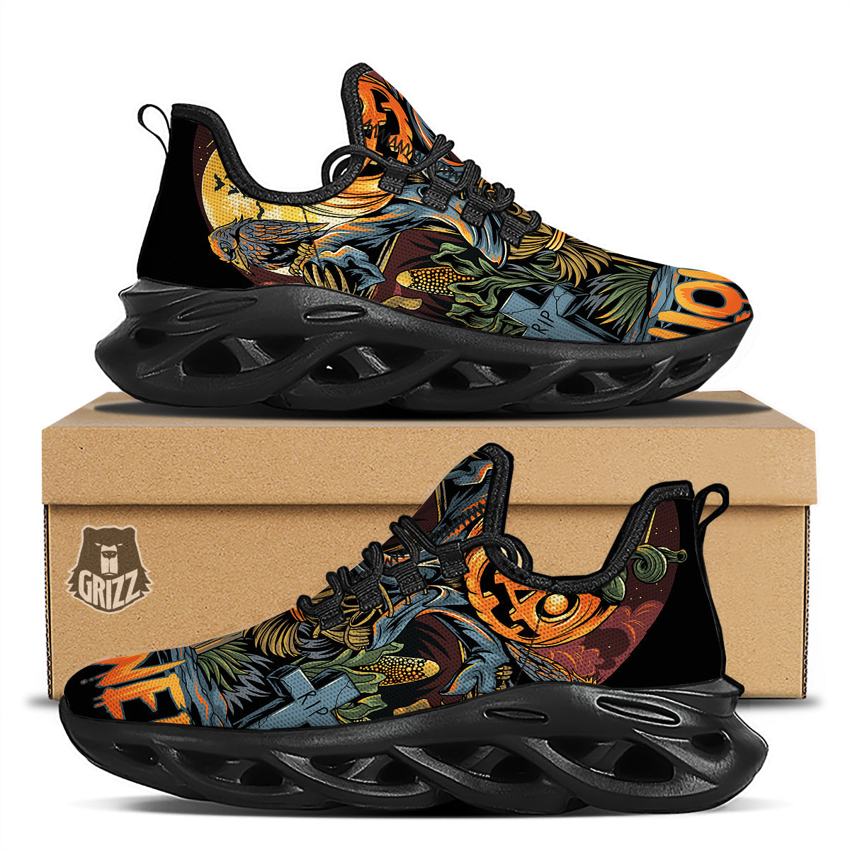Halloween Scarecrow Print Black Running Shoes-grizzshop