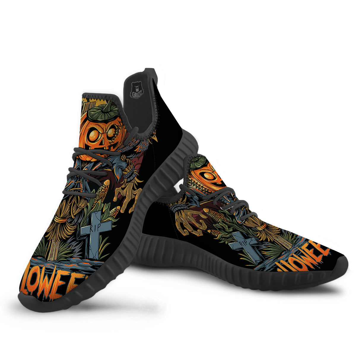 Halloween Scarecrow Print Black Walking Shoes-grizzshop