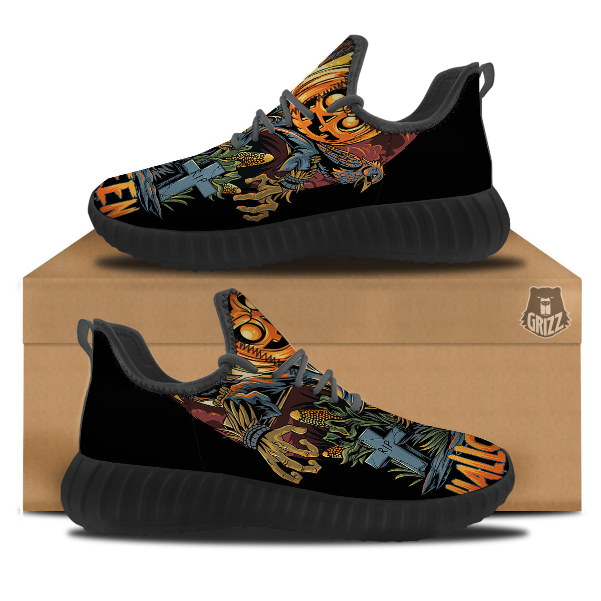 Halloween Scarecrow Print Black Walking Shoes-grizzshop