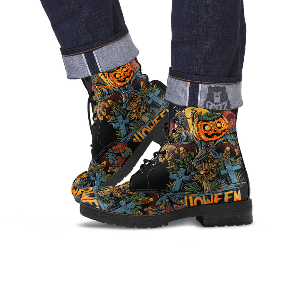 Halloween Scarecrow Print Leather Boots-grizzshop