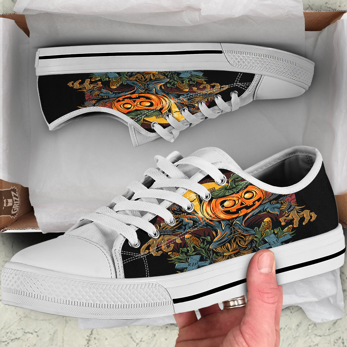 Halloween Scarecrow Print White Low Top Shoes-grizzshop