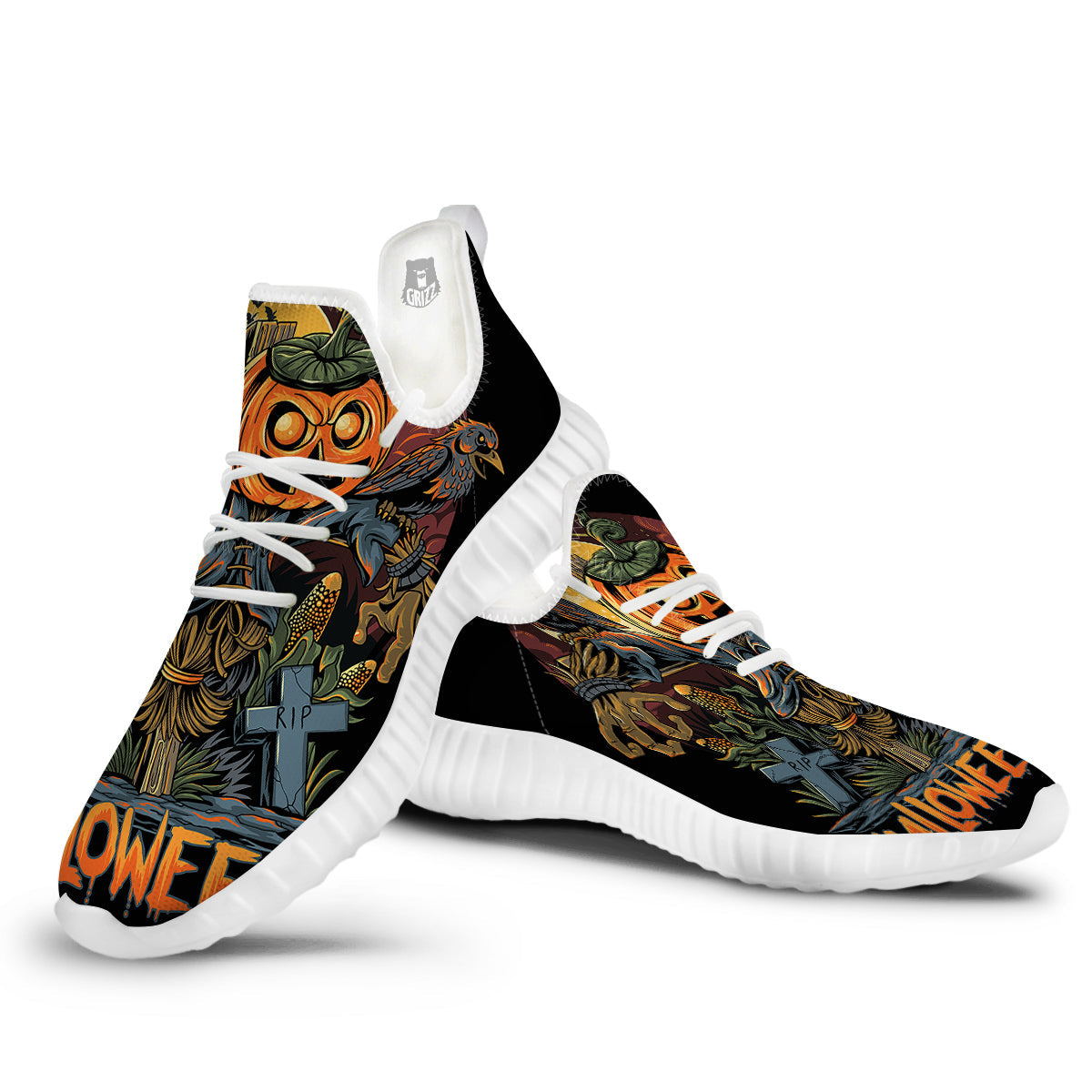 Halloween Scarecrow Print White Walking Shoes-grizzshop