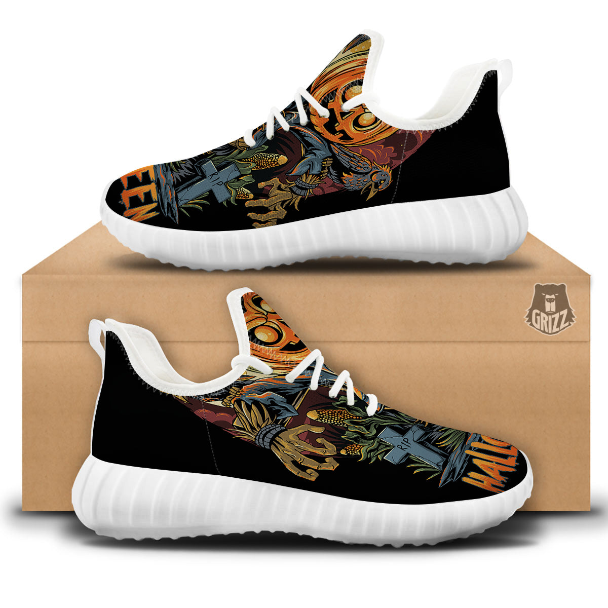 Halloween Scarecrow Print White Walking Shoes-grizzshop