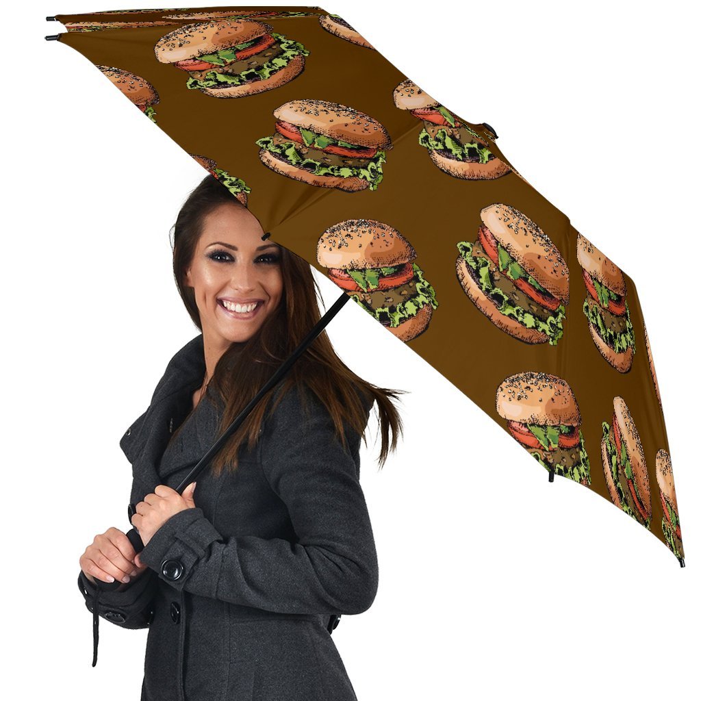 Hamburger Brown Pattern Print Automatic Foldable Umbrella-grizzshop