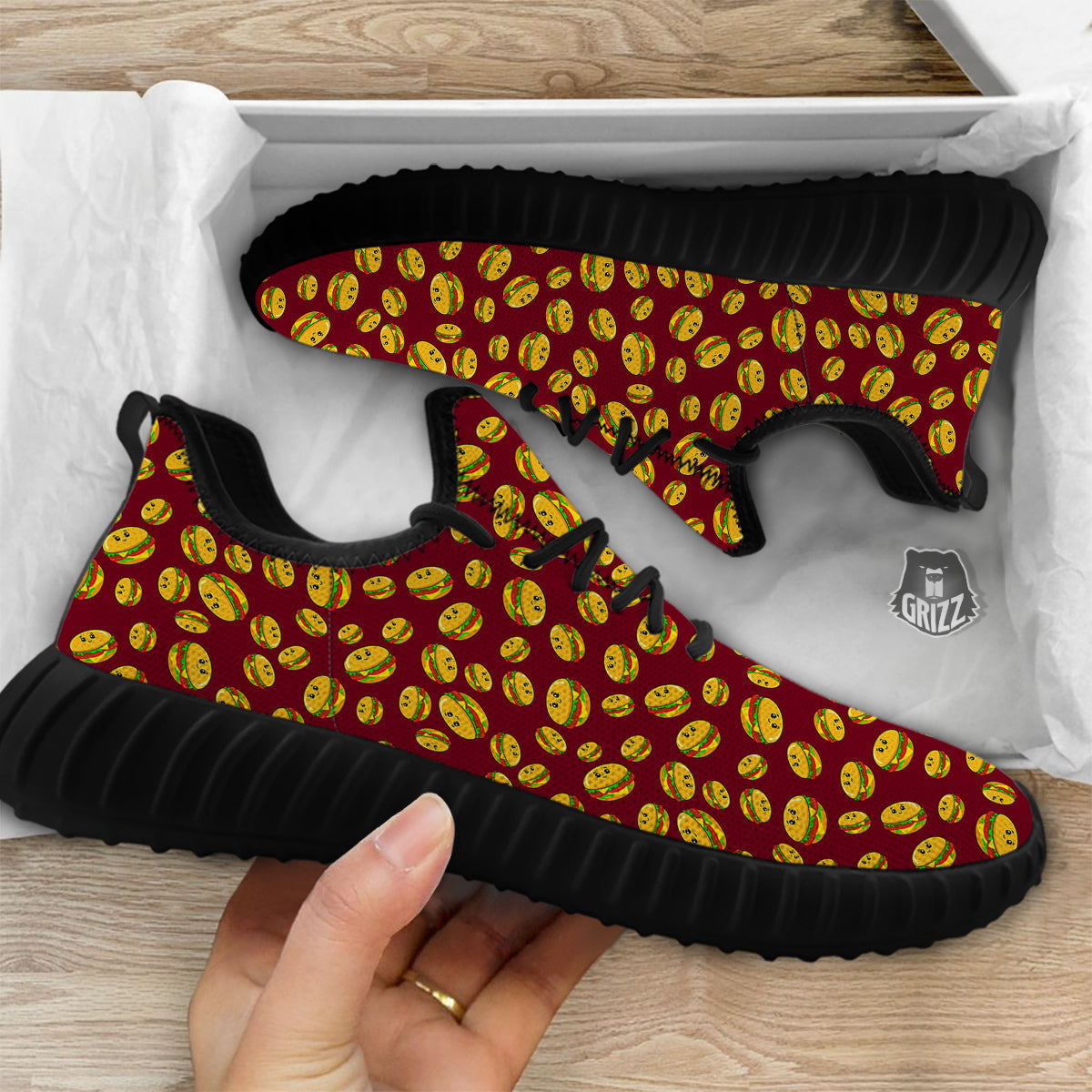 Hamburger Cute Print Pattern Black Walking Shoes-grizzshop