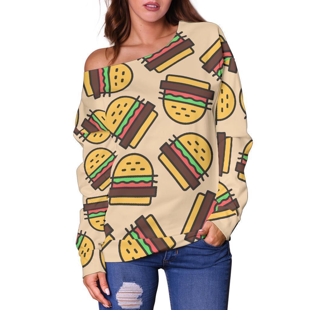 Hamburger Pattern Print Women Off Shoulder Sweatshirt-grizzshop