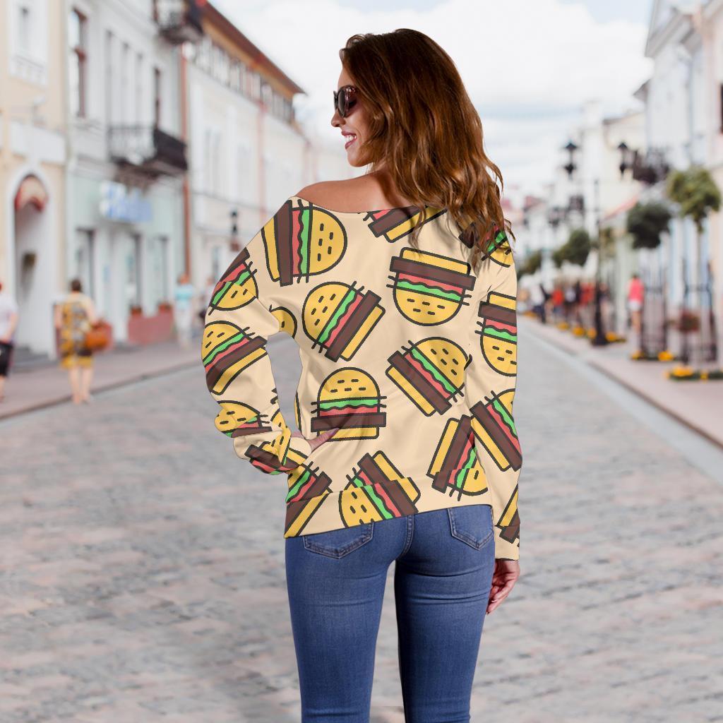 Hamburger Pattern Print Women Off Shoulder Sweatshirt-grizzshop