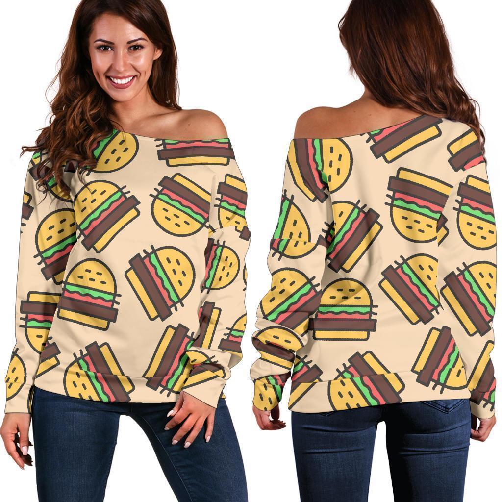 Hamburger Pattern Print Women Off Shoulder Sweatshirt-grizzshop