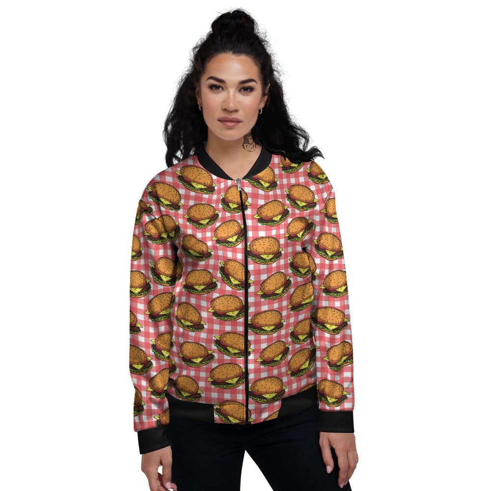 Hamburger Plaid Print Pattern Women's Bomber Jacket-grizzshop