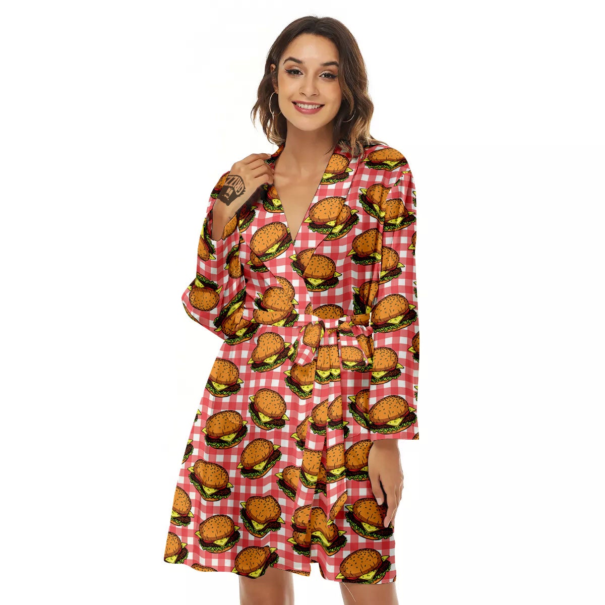 Hamburger Plaid Print Pattern Women's Robe-grizzshop