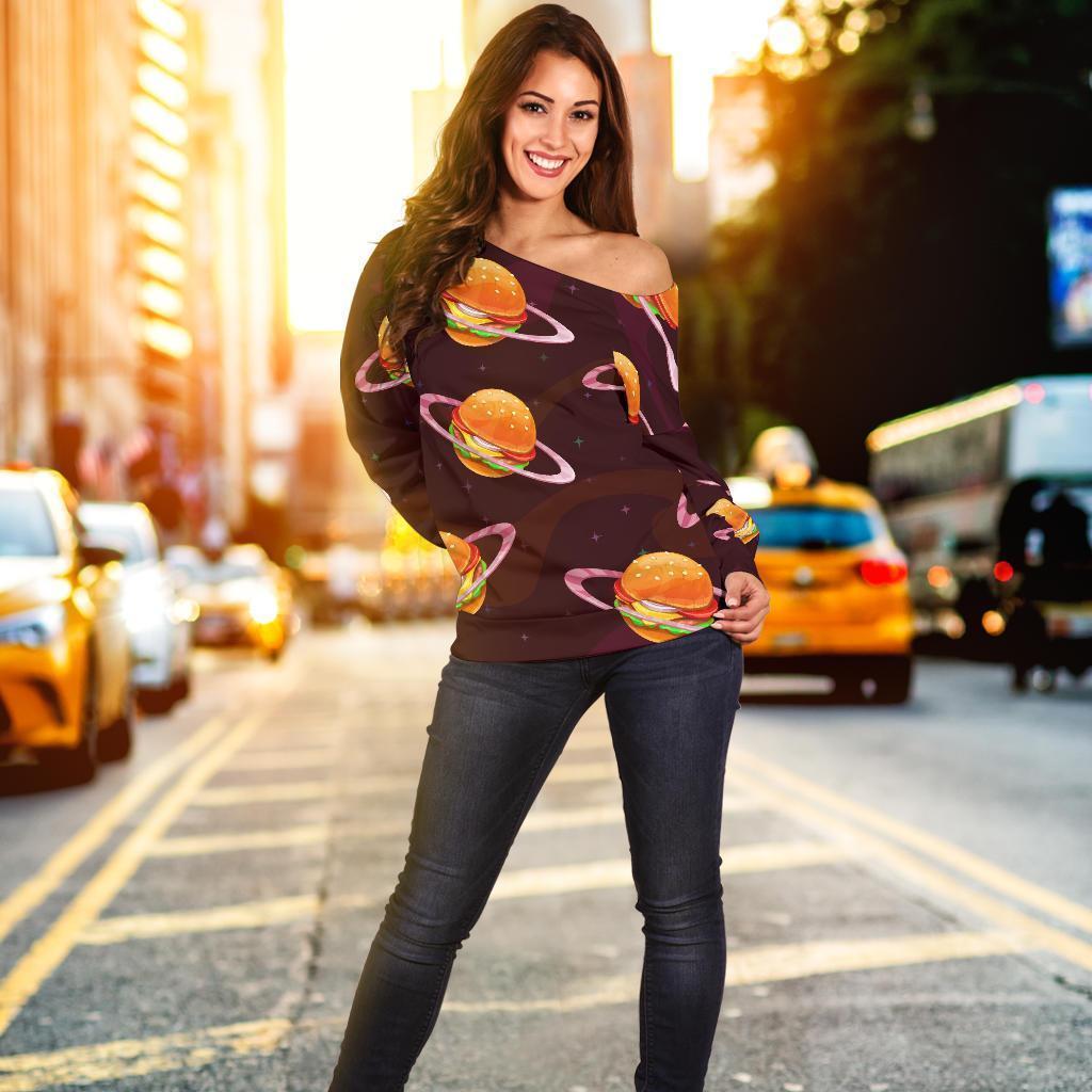 Hamburger Planet Pattern Print Women Off Shoulder Sweatshirt-grizzshop