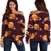 Hamburger Planet Pattern Print Women Off Shoulder Sweatshirt-grizzshop