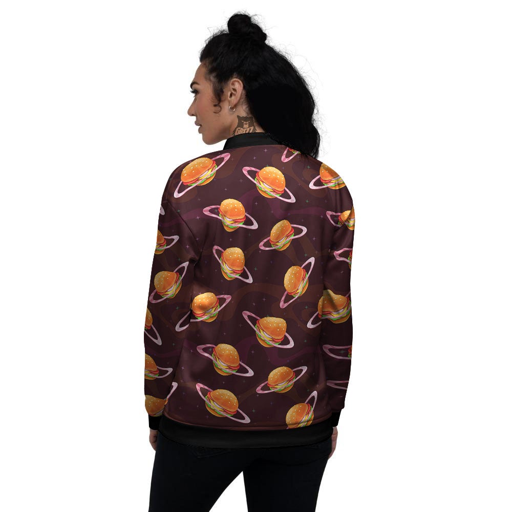 Hamburger Planet Print Pattern Women's Bomber Jacket-grizzshop