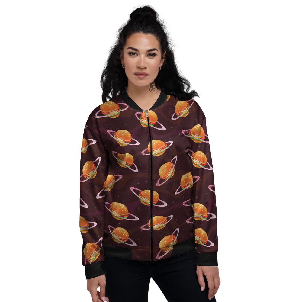 Hamburger Planet Print Pattern Women's Bomber Jacket-grizzshop